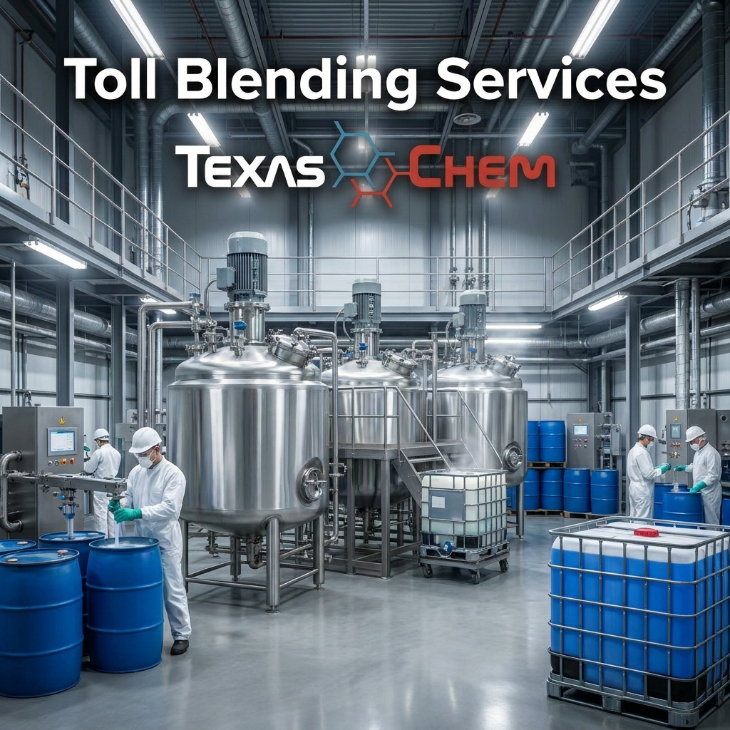 Texas-Chem toll blending facility — stainless steel mixing vessels, IBC totes, and drum filling operations